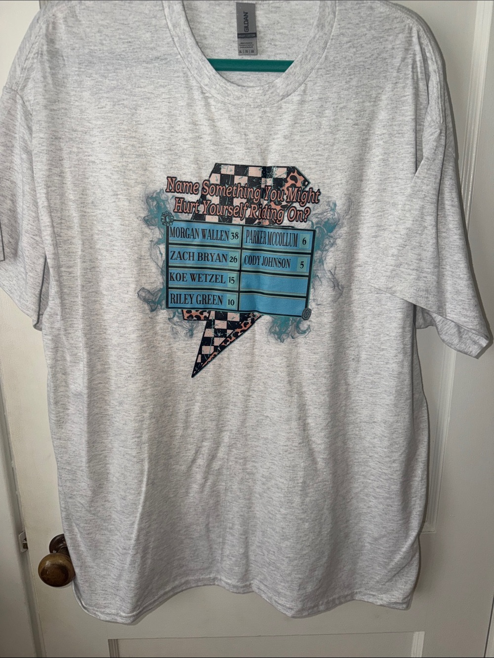 Gildan Light Gray Short-Sleeve Tee with Blue and Black Racing Scoreboard Graphic
